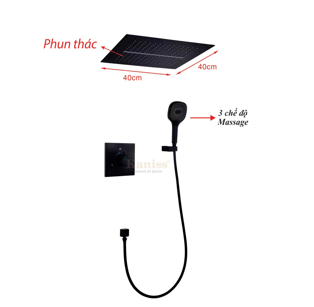 Sen tắm âm trần màu đen Kaniss KS-3059TD: Công nghệ Nhật Bản, nóng lạnh, bảo hành 5 năm