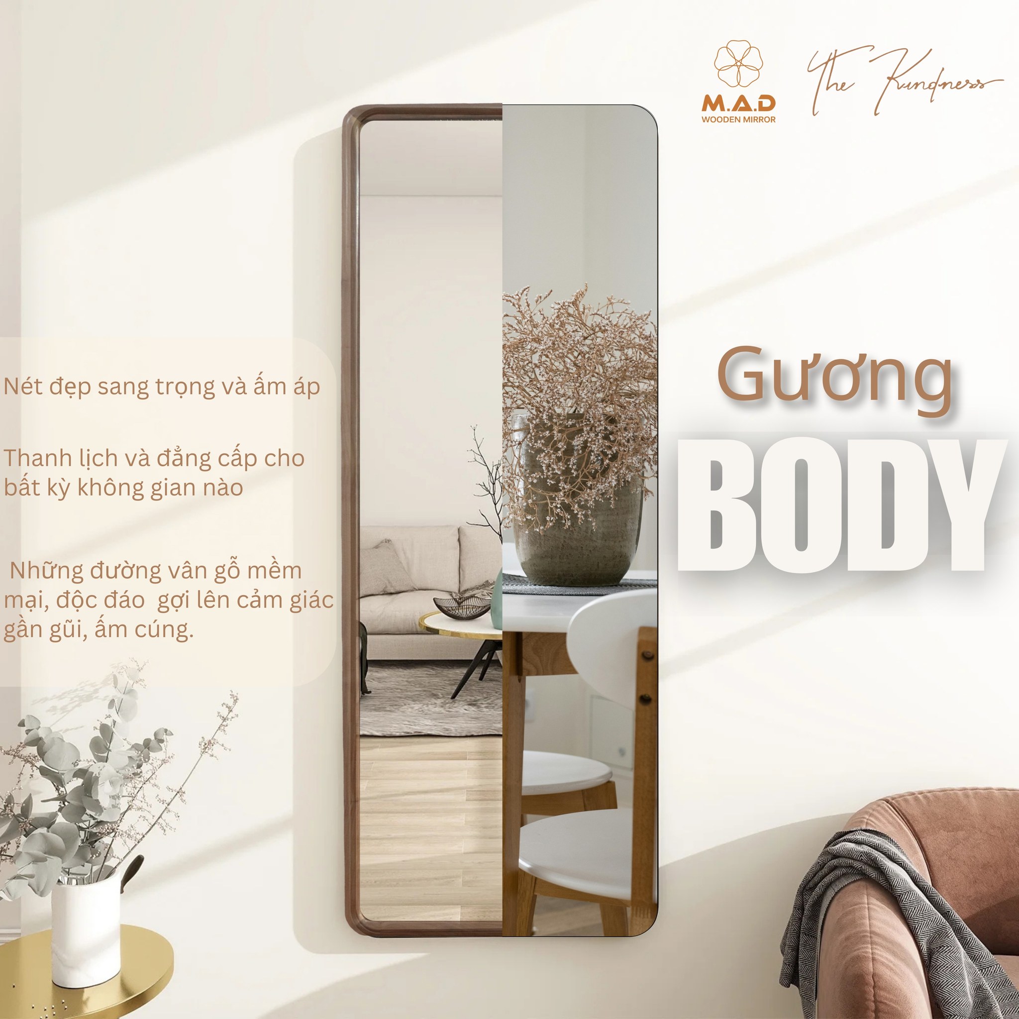 Gương M.A.D body toàn thân 62x1670cm, trơn và gỗ ốc chó
