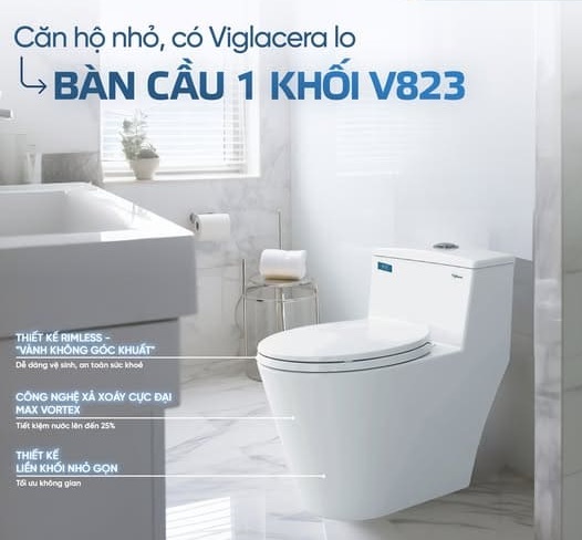 Bồn cầu 1 khối Viglacera V823 – Nắp êm, men kháng khuẩn ViGuard, công nghệ xả vượt trội